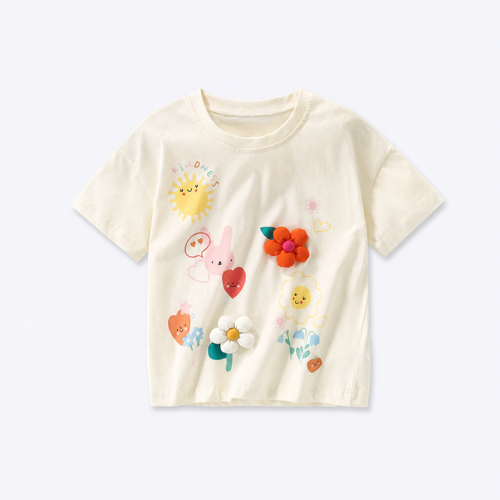 Girls’ ivory Sunshine Garden cotton T-shirt with bunny and flower artwork