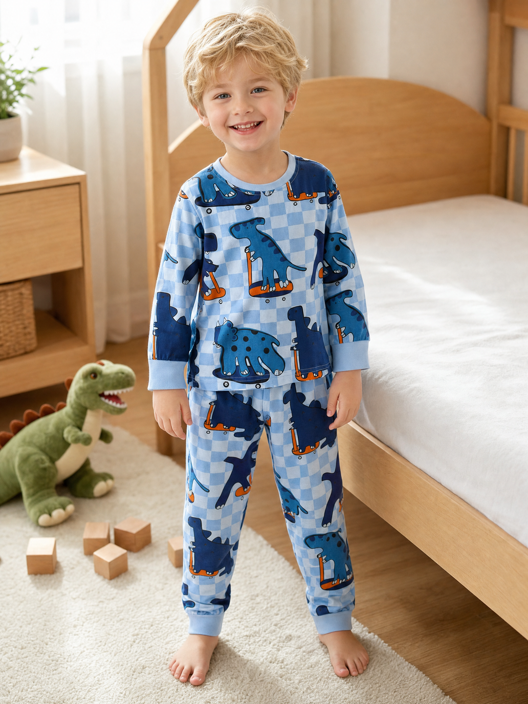 Boy wearing the blue dinosaur checkerboard cotton pajama set in a bright bedroom