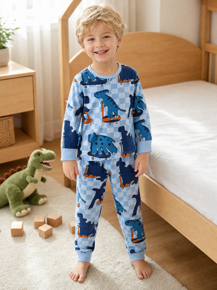 Boy wearing the blue dinosaur checkerboard cotton pajama set in a bright bedroom