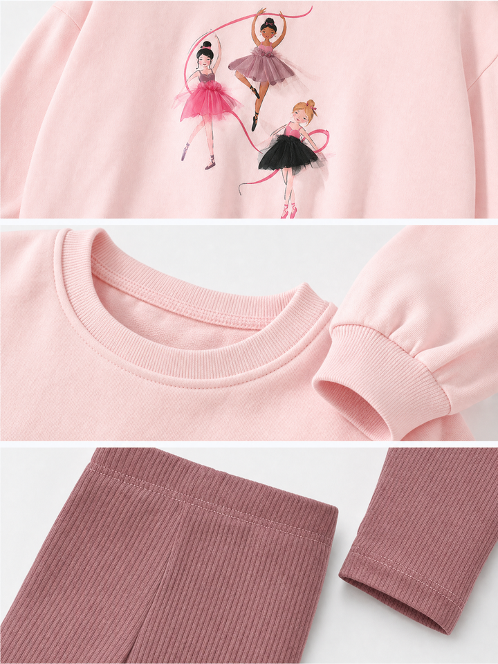 Close-up details of girls ballerina graphic sweatshirt, ribbed neckline and mauve ribbed leggings