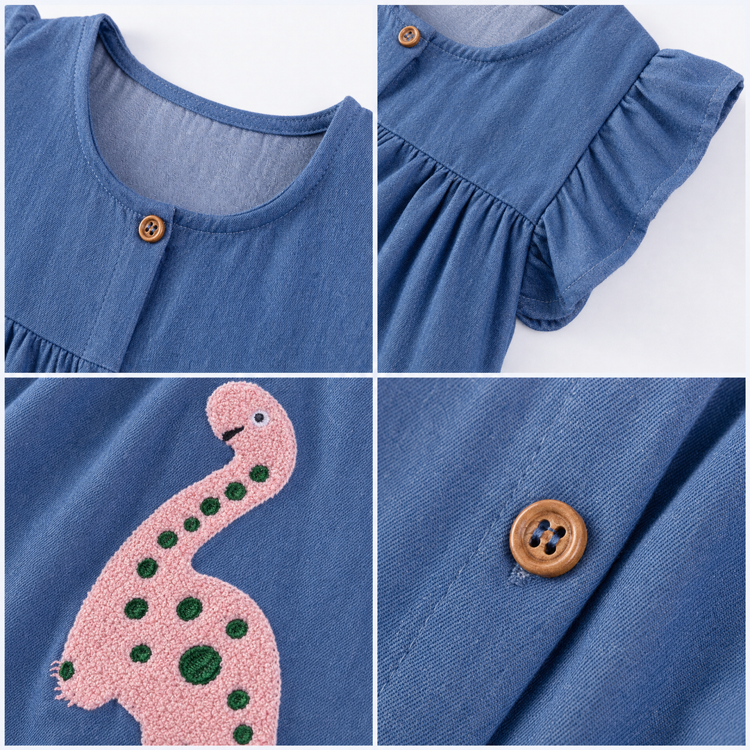 Four-panel close-up collage showing neckline, ruffled sleeve, dinosaur appliqué and wooden button details of the girls blue jean dress