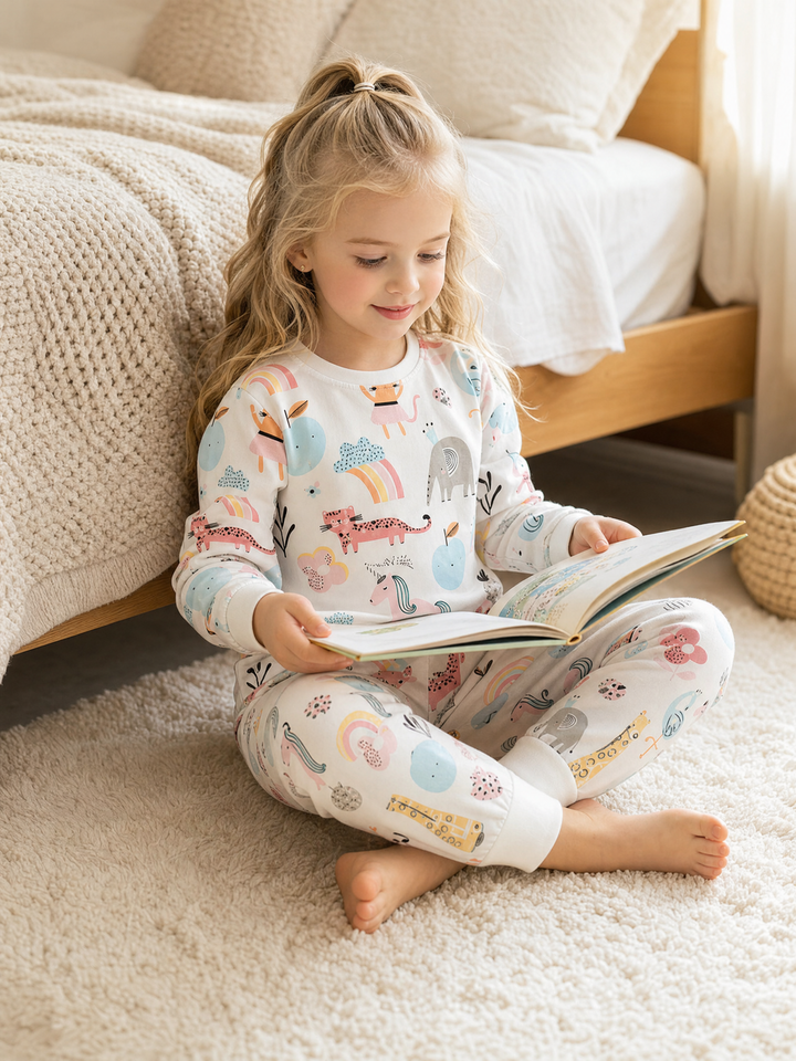 Girl reading a storybook in white pastel rainbow and animal print long-sleeve cotton pajama set
