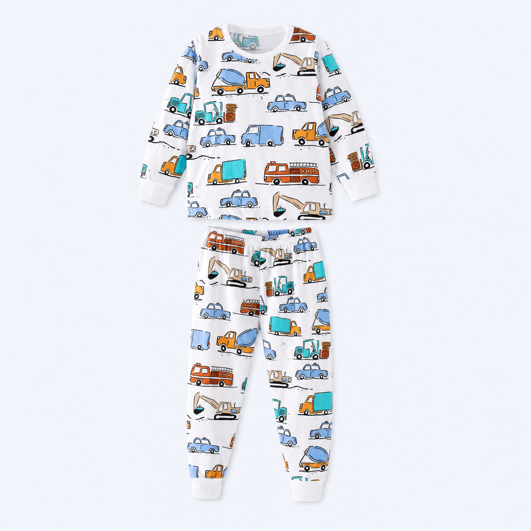 Kids’ white city vehicle print cotton long-sleeve pajama set with cuffed jogger pants