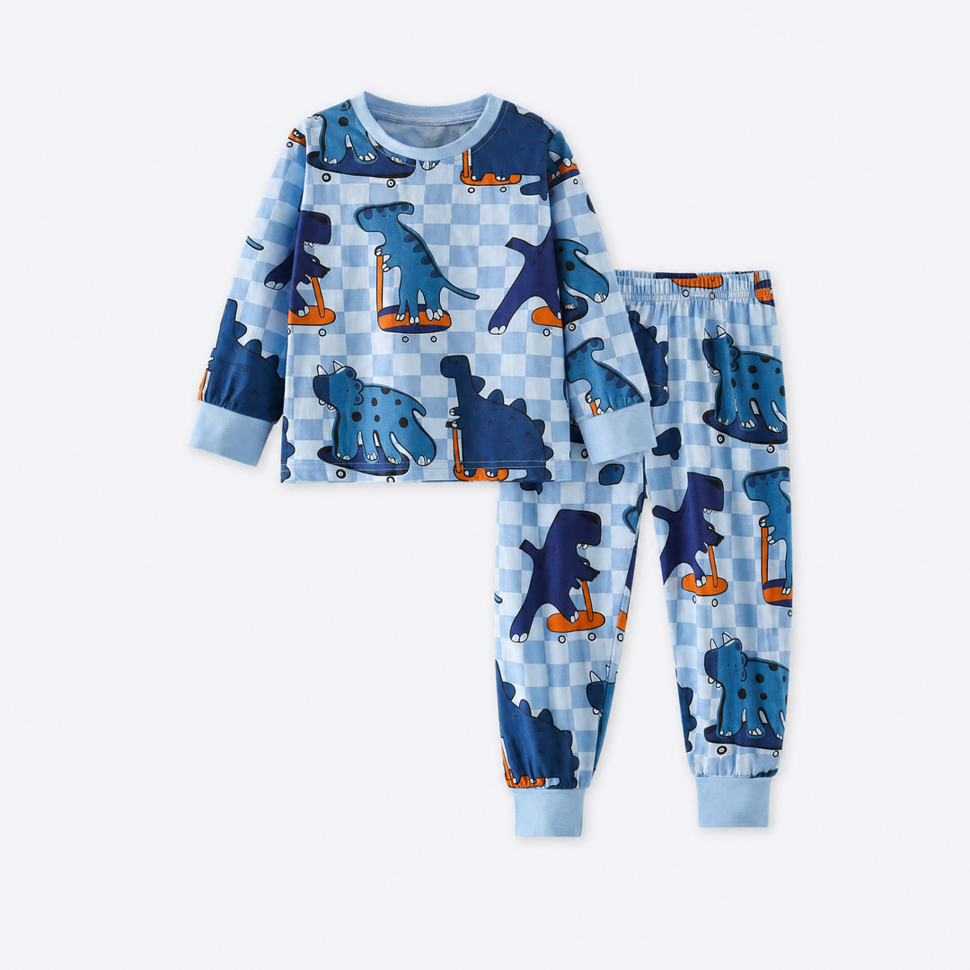 Boys’ blue dinosaur checkerboard cotton pajama set with long-sleeve top and pants