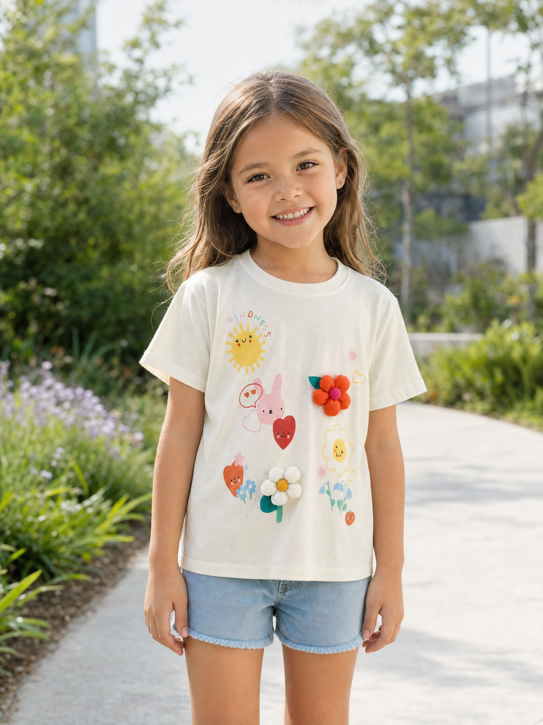 Girl wearing the ivory Sunshine Garden cotton T-shirt outdoors in a garden