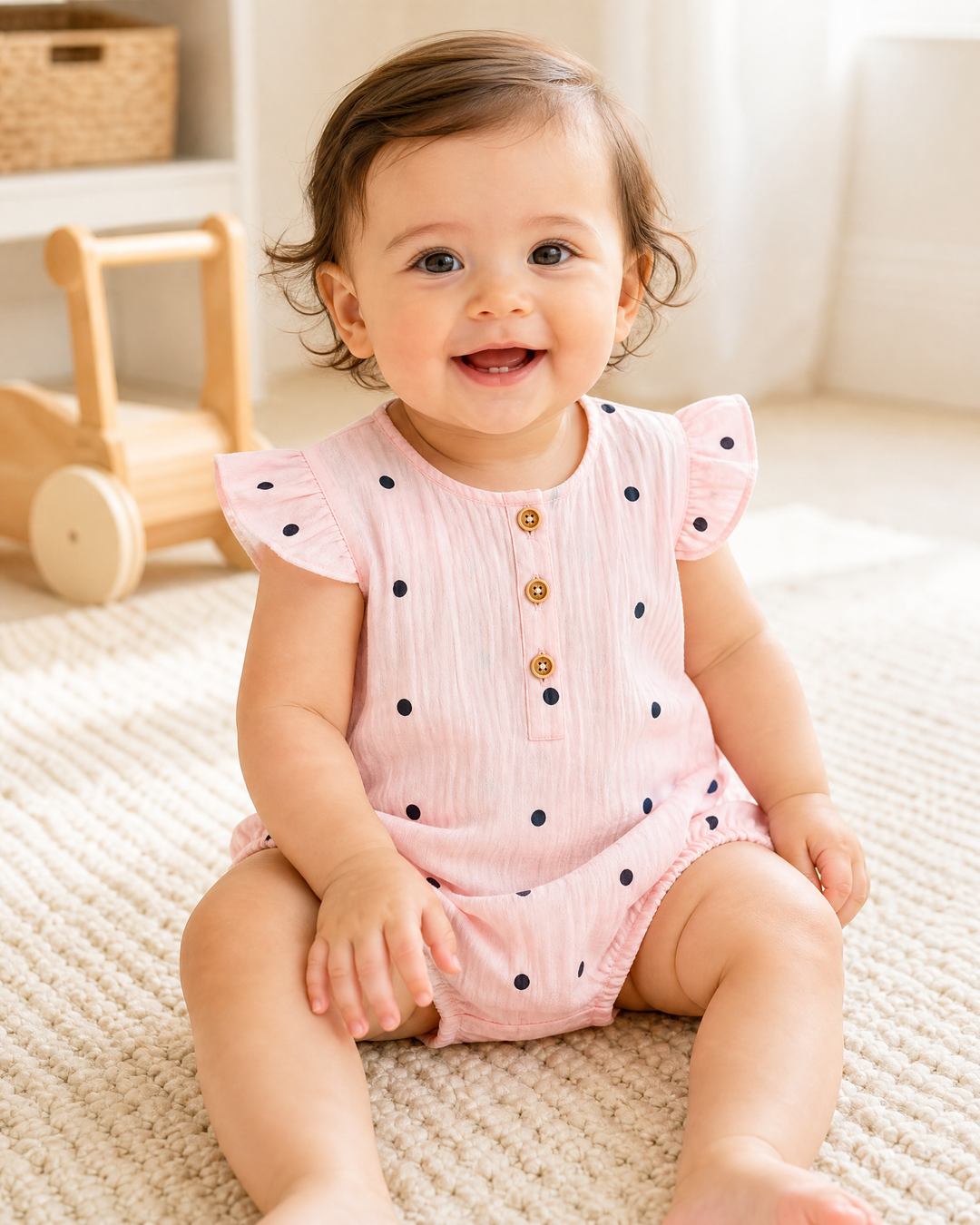 Baby wearing a blush pink polka dot ruffle sleeve cotton bodysuit in a sunny nursery