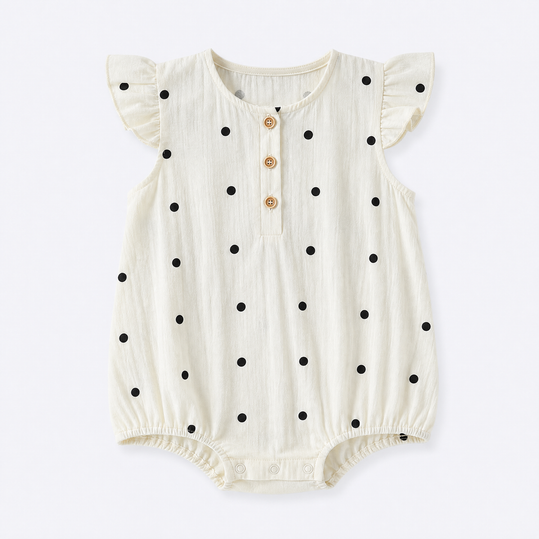 Cream baby girl polka dot ruffle sleeve cotton bodysuit on a pale blue-gray background