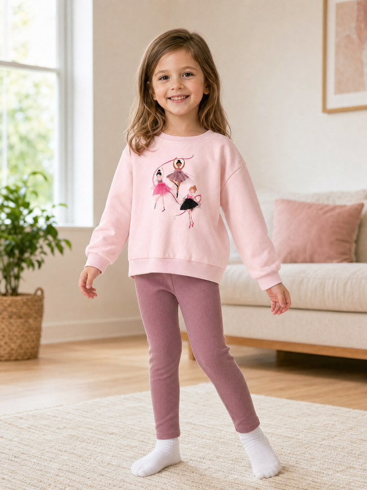 Girl wearing a pink ballerina sweatshirt and mauve ribbed leggings set indoors