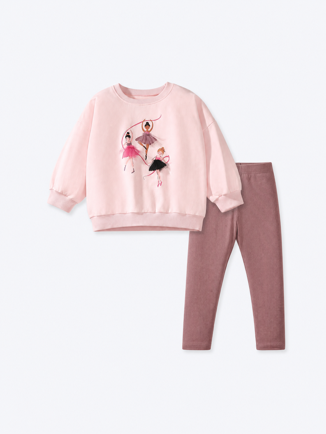 Girls pink ballerina sweatshirt and mauve ribbed leggings two-piece set on a pale blue-gray background