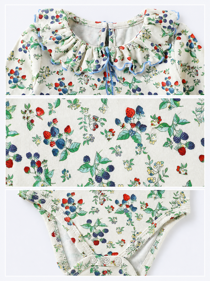 Close-up details of baby wild berry ruffle collar bodysuit with blue trim and snap closures