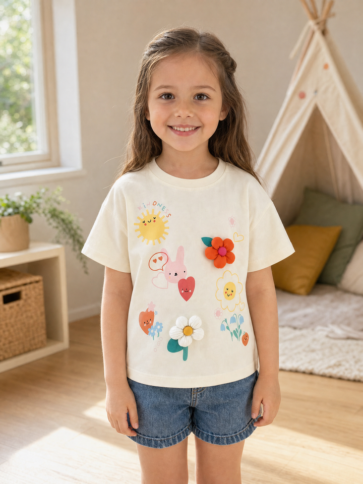 Girl wearing the ivory Sunshine Garden cotton T-shirt in a bright indoor playroom