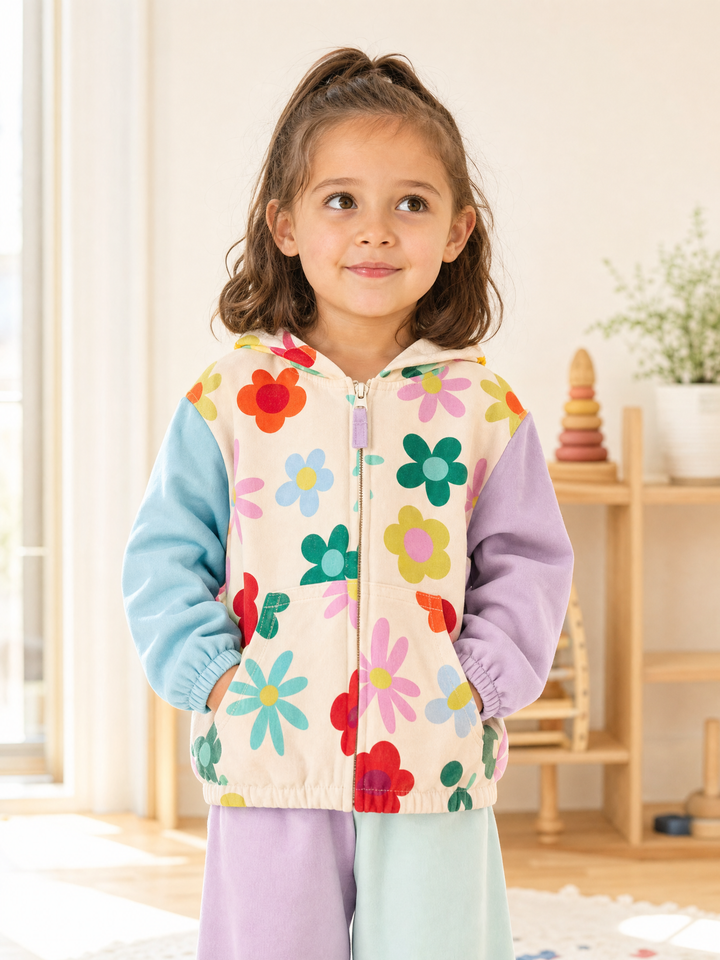 Girl wearing cream floral hooded zip jacket with aqua blue and lavender sleeves in a bright playroom