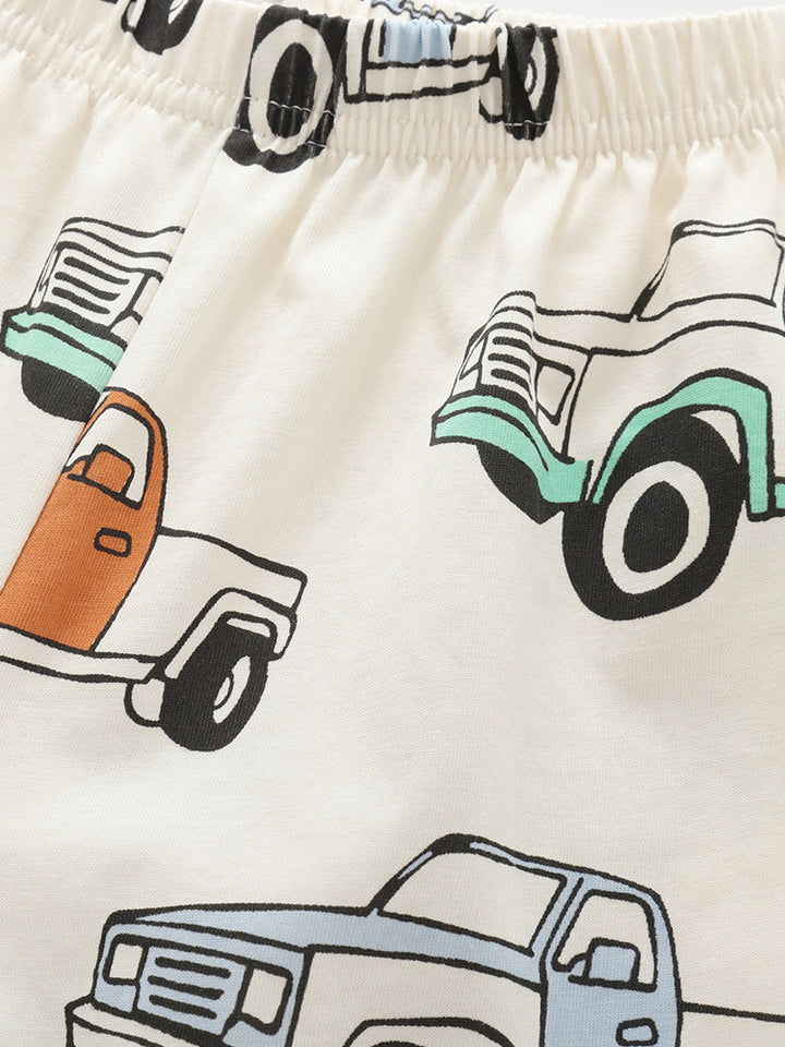 Close-up of elasticated waistband and pickup truck print on Boys’ cotton pajama shorts