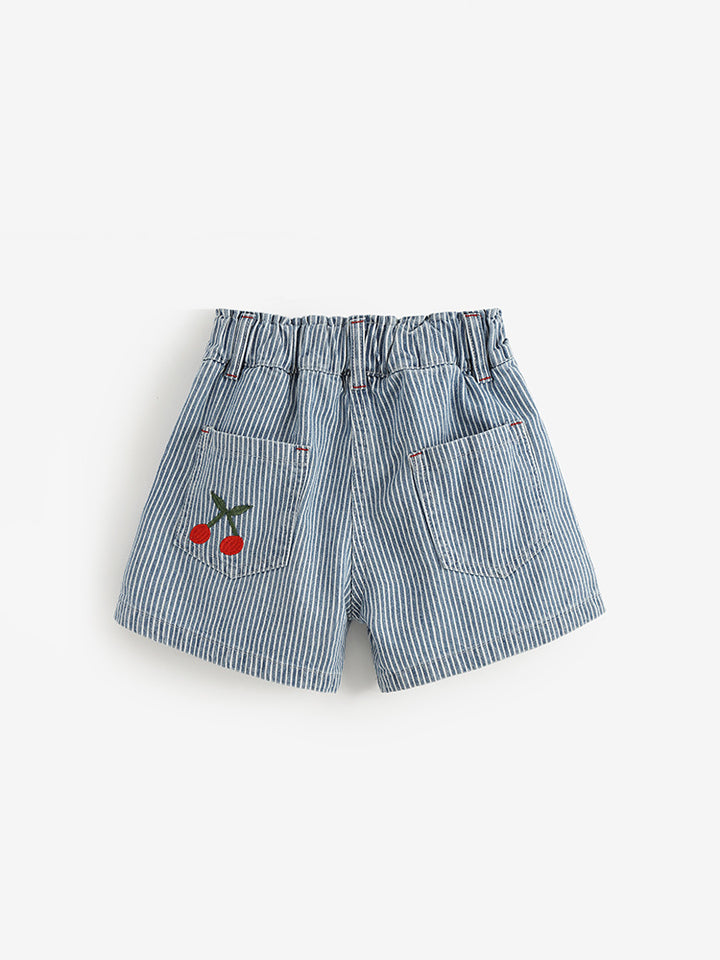Back view of Girls’ blue and white cherry stripe cotton shorts with back pockets