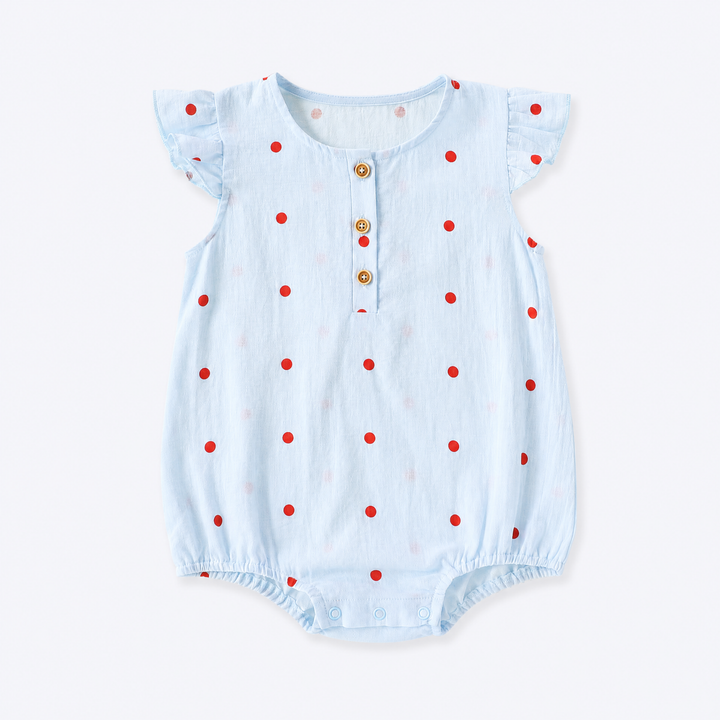 Sky blue baby girl polka dot ruffle sleeve cotton bodysuit on a pale blue-gray background