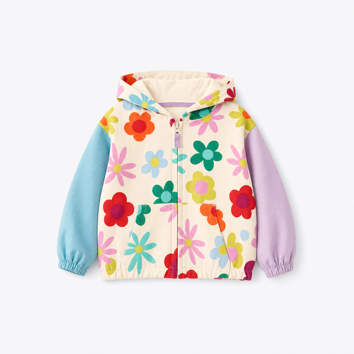 Girls’ cream floral hooded zip jacket with aqua blue and lavender colorblock sleeves