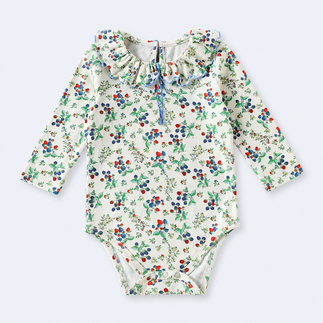 Baby wild berry ruffle collar cotton bodysuit on a pale blue-gray background