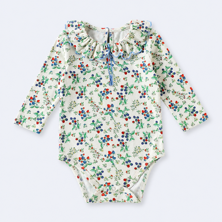 Baby wild berry ruffle collar cotton bodysuit on a pale blue-gray background
