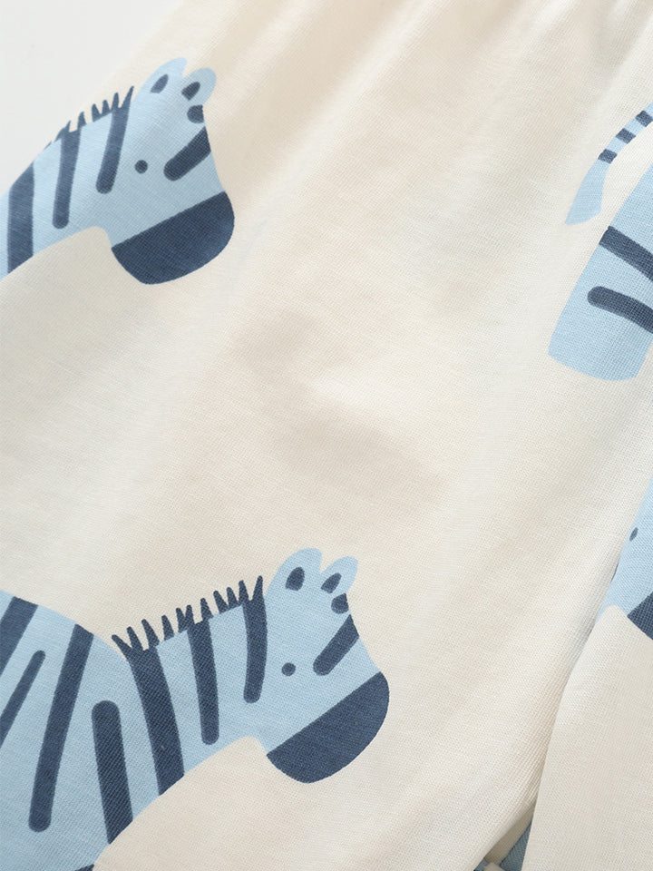 Close-up of blue zebra print on Boys’ soft cotton pajama set