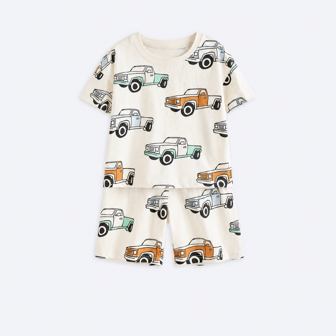 Boys’ cream pickup truck print cotton short-sleeve pajama set with matching shorts