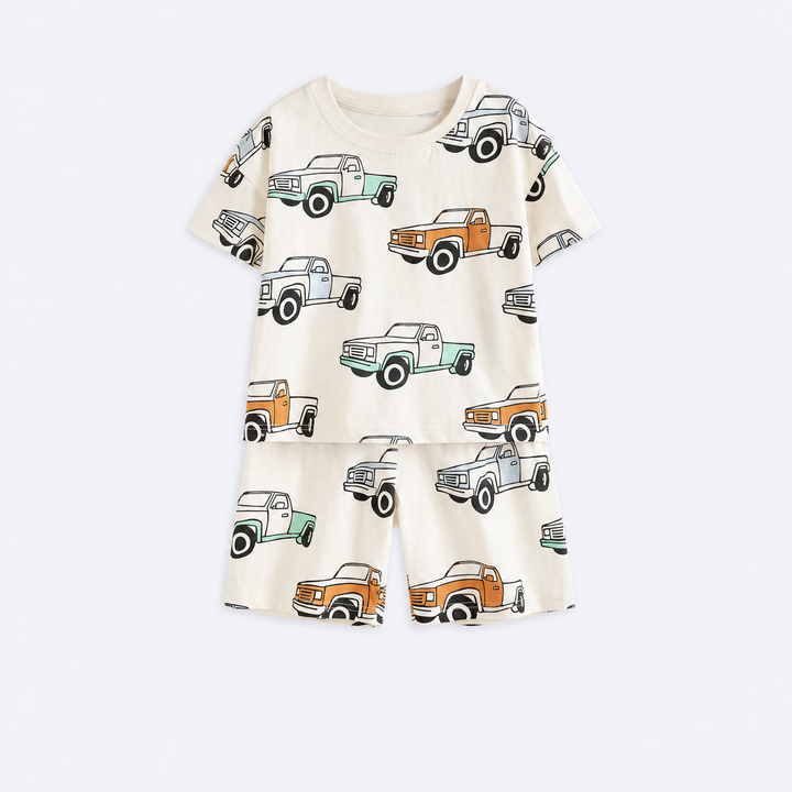 Boys’ cream pickup truck print cotton short-sleeve pajama set with matching shorts