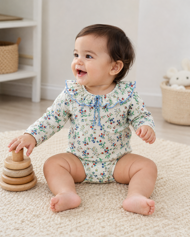 Baby wearing a wild berry ruffle collar cotton bodysuit in a bright nursery
