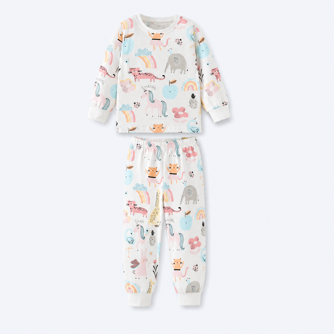 Girls’ white pastel rainbow and animal print cotton long-sleeve pajama set with cuffed jogger pants