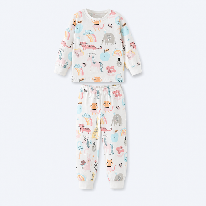 Girls’ white pastel rainbow and animal print cotton long-sleeve pajama set with cuffed jogger pants