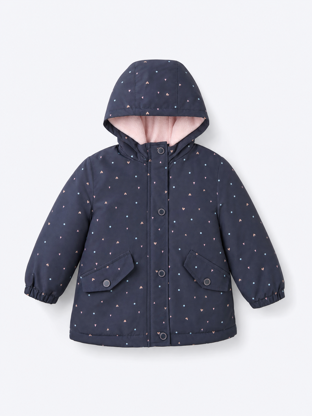 Girls navy heart print hooded zip jacket with pink lining on a pale blue-gray background