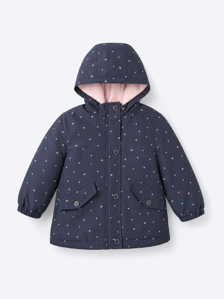 Girls navy heart print hooded zip jacket with pink lining on a pale blue-gray background