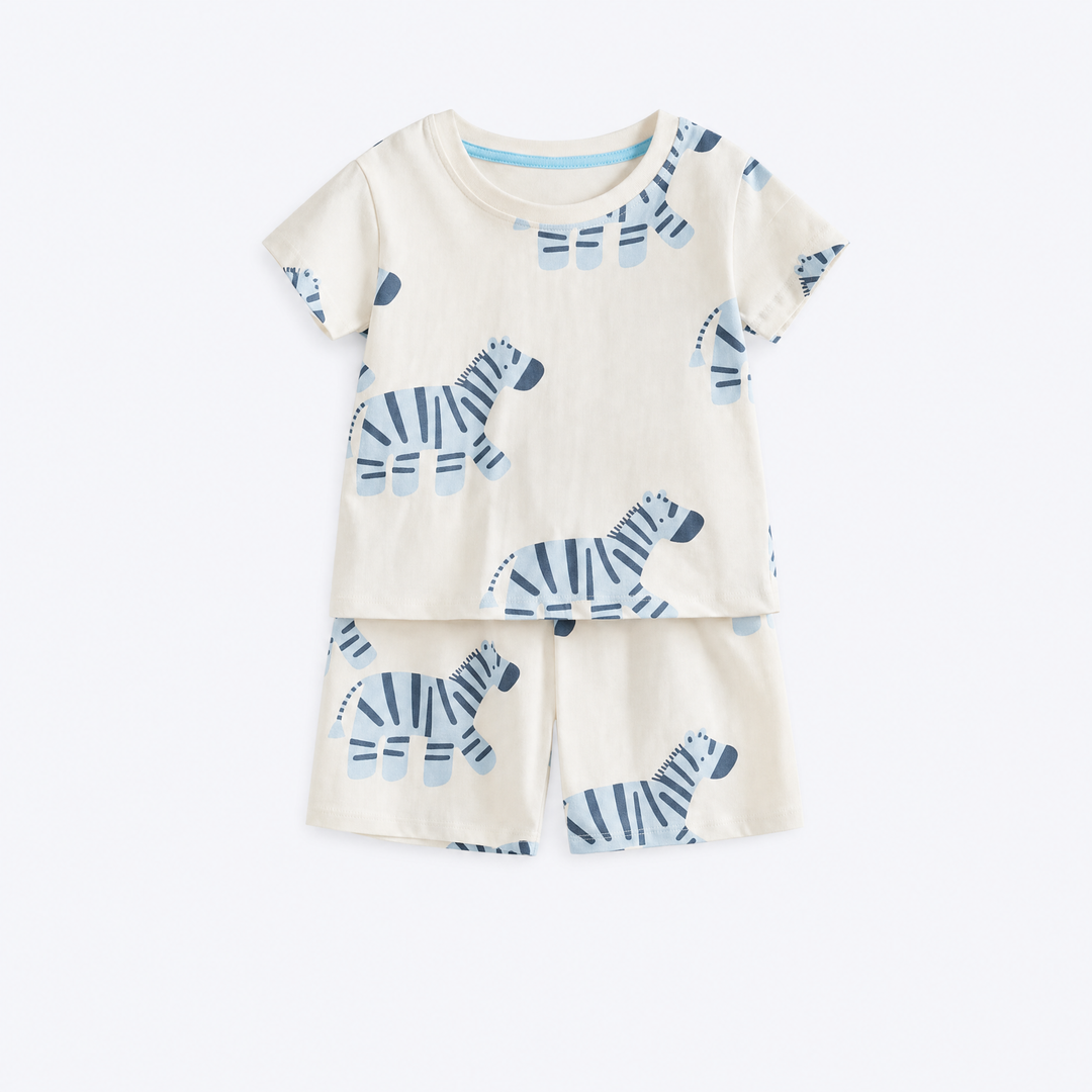 Boys’ warm-white blue zebra print cotton short-sleeve pajama set with matching shorts
