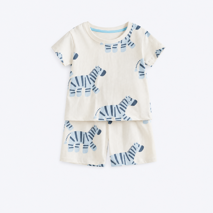 Boys’ warm-white blue zebra print cotton short-sleeve pajama set with matching shorts
