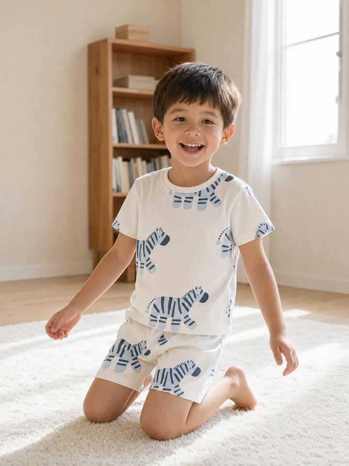 Boy wearing warm-white blue zebra print short-sleeve cotton pajama set in a sunny bedroom