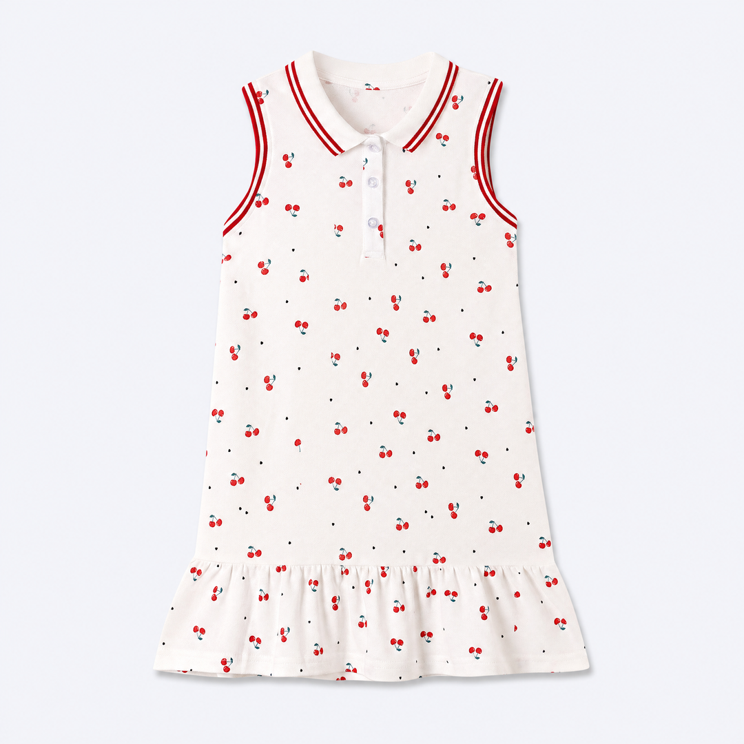 Girls white cotton piqué cherry print sleeveless dress with red striped collar on pale blue-gray background
