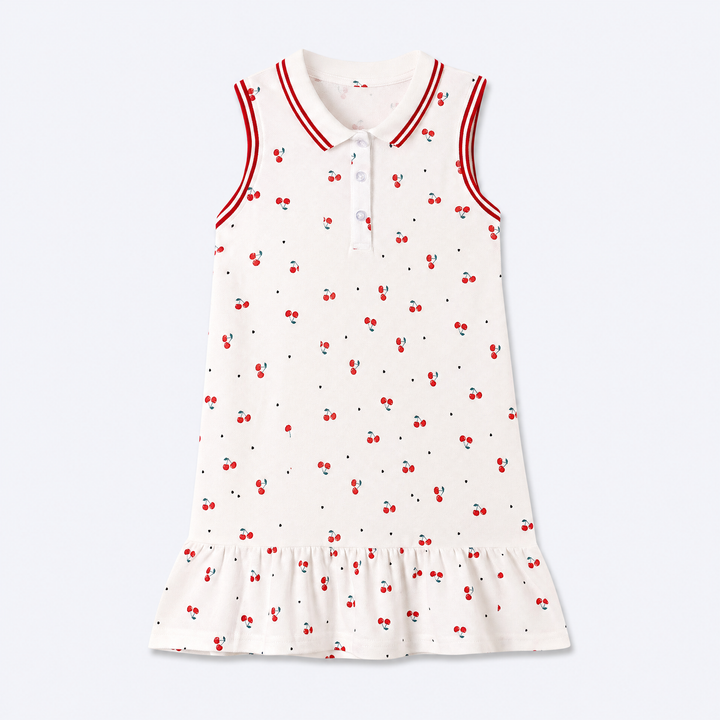 Girls white cotton piqué cherry print sleeveless dress with red striped collar on pale blue-gray background