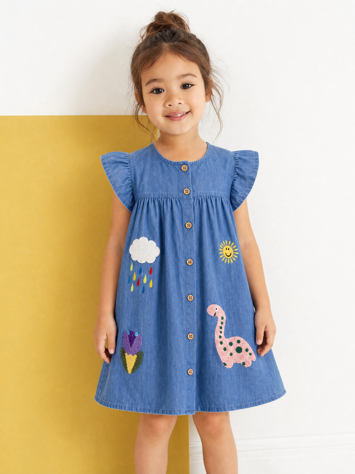 Girl wearing the Dinoks Sunny Days appliqué jean dress indoors