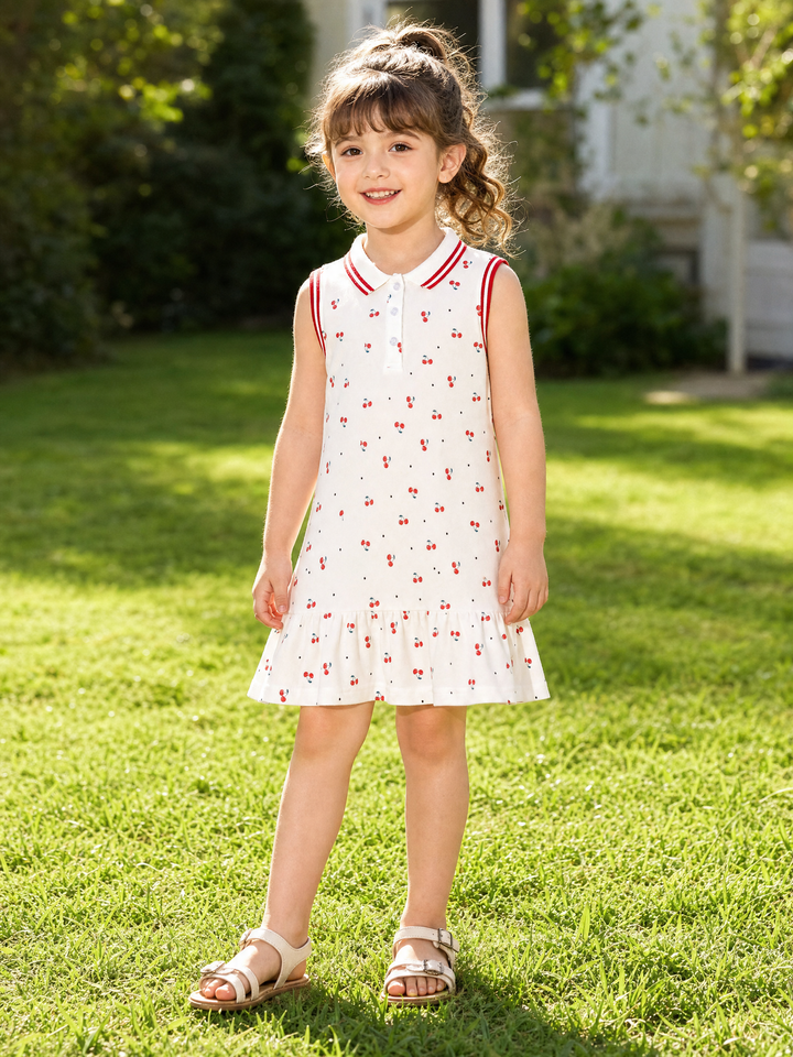 Girl wearing a white cherry print sleeveless cotton dress outdoors on a sunny day