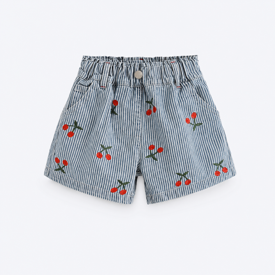 Girls’ blue and white cherry stripe cotton shorts with elasticated waist