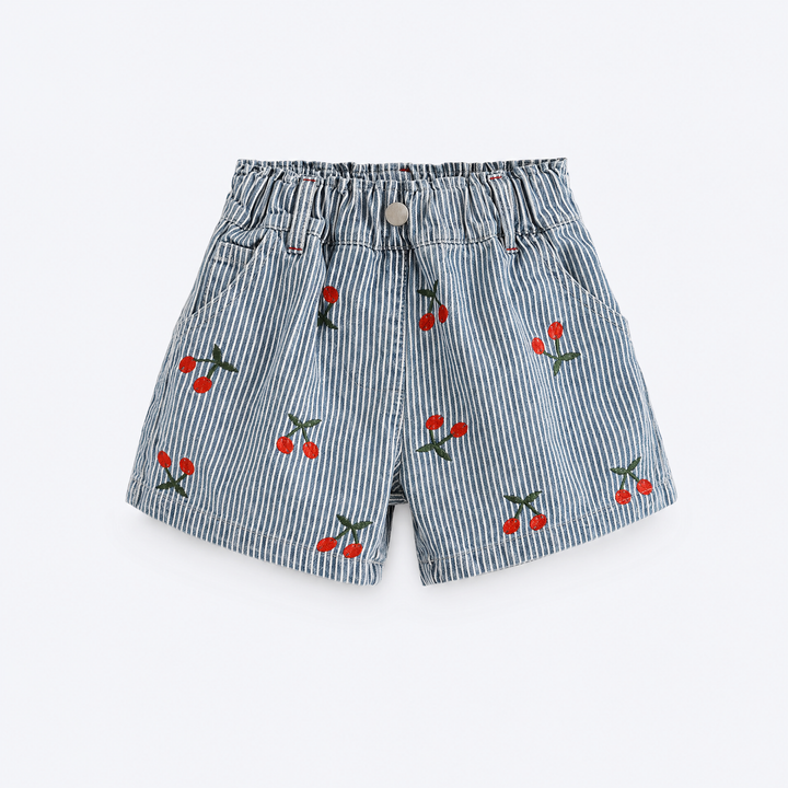 Girls’ blue and white cherry stripe cotton shorts with elasticated waist