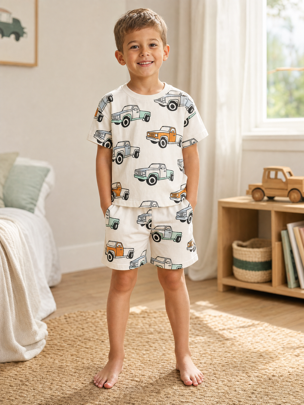 Boy wearing cream pickup truck print short-sleeve cotton pajama set in a bright bedroom