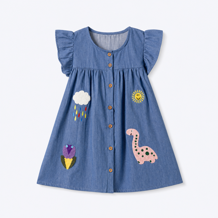 Girls Sunny Days appliqué jean dress front flat lay on a pale blue-gray background